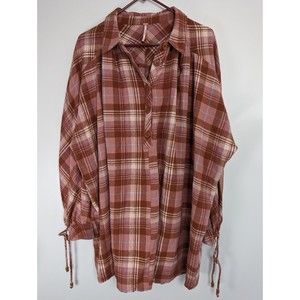 Free People Zoey Pink Maroon Plaid Flannel Oversized Tunic Mini Dress M